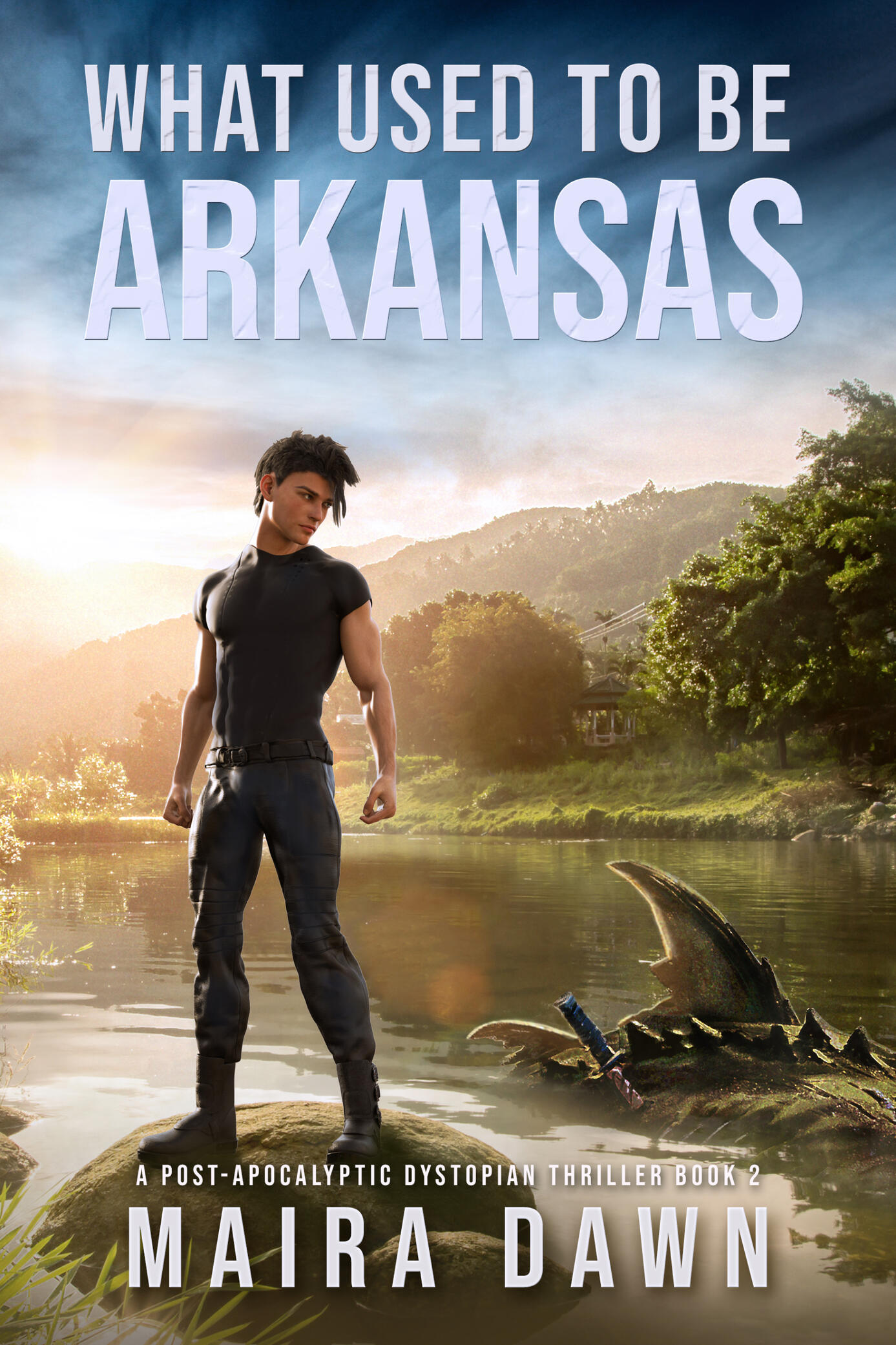 Cover of book. Teenage boy looks at a water monster. His knife is stuck in monster. Title is What Used to be Arkansas by Maira Dawn.