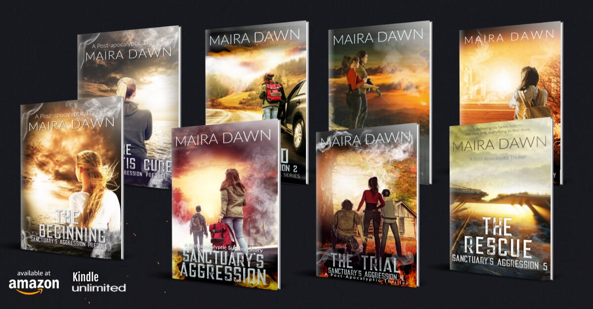 Eight books with different covers. Sanctuary's Aggression Series by Maira Dawn